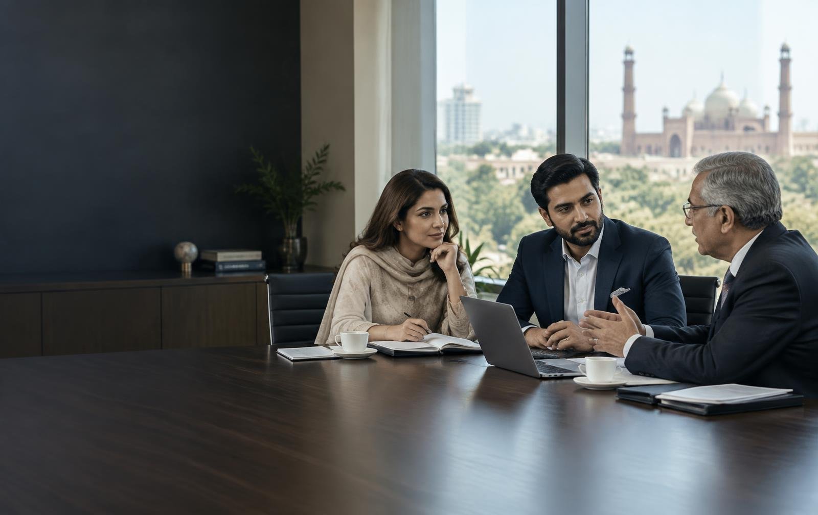 Pakistani company directors discussing corporate records with a senior adviser